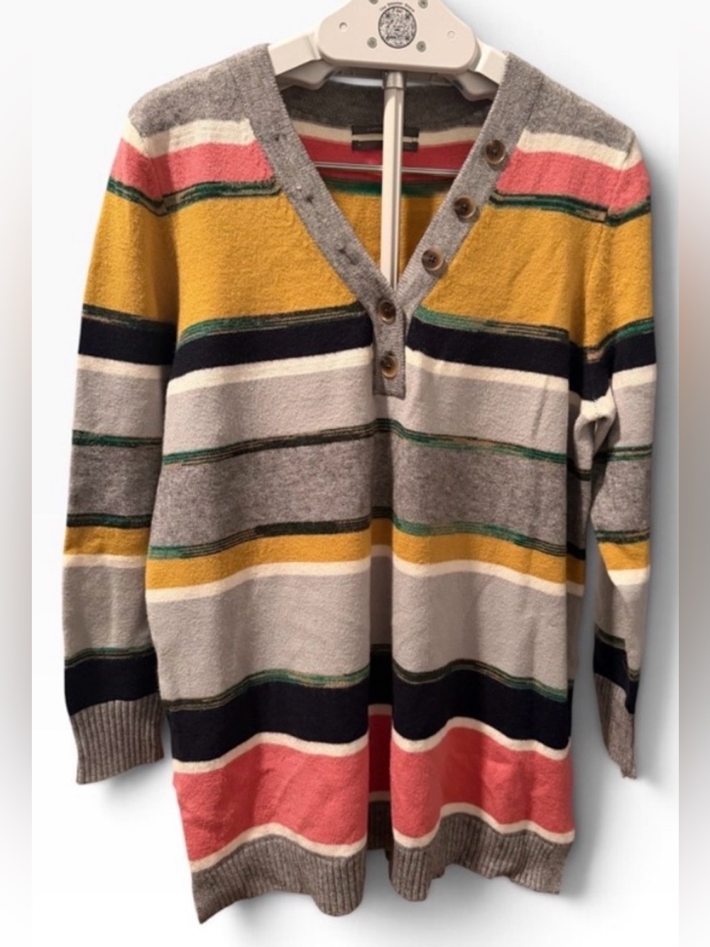 Anthropologie Serena Multi-Color Striped V-Neck Henley Tunic Sweater- Size Lg